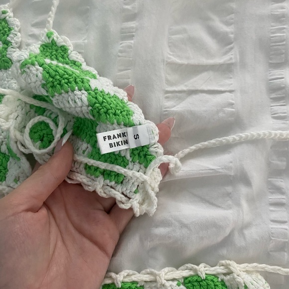 Frankie’s Bikinis Crochet Green and White Checkered Bikini Set - Picture 4 of 5